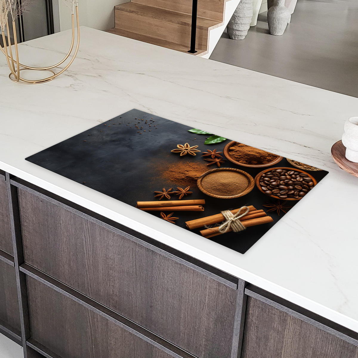 HERDABDECKPLATTE Zimt - Beton - Kaffee - Zimtstangen - Gewürze Induktionsschutz 91.2x52 cm - Mokka, Kunststoff (91.2/52/0.2cm) - MuchoWow
