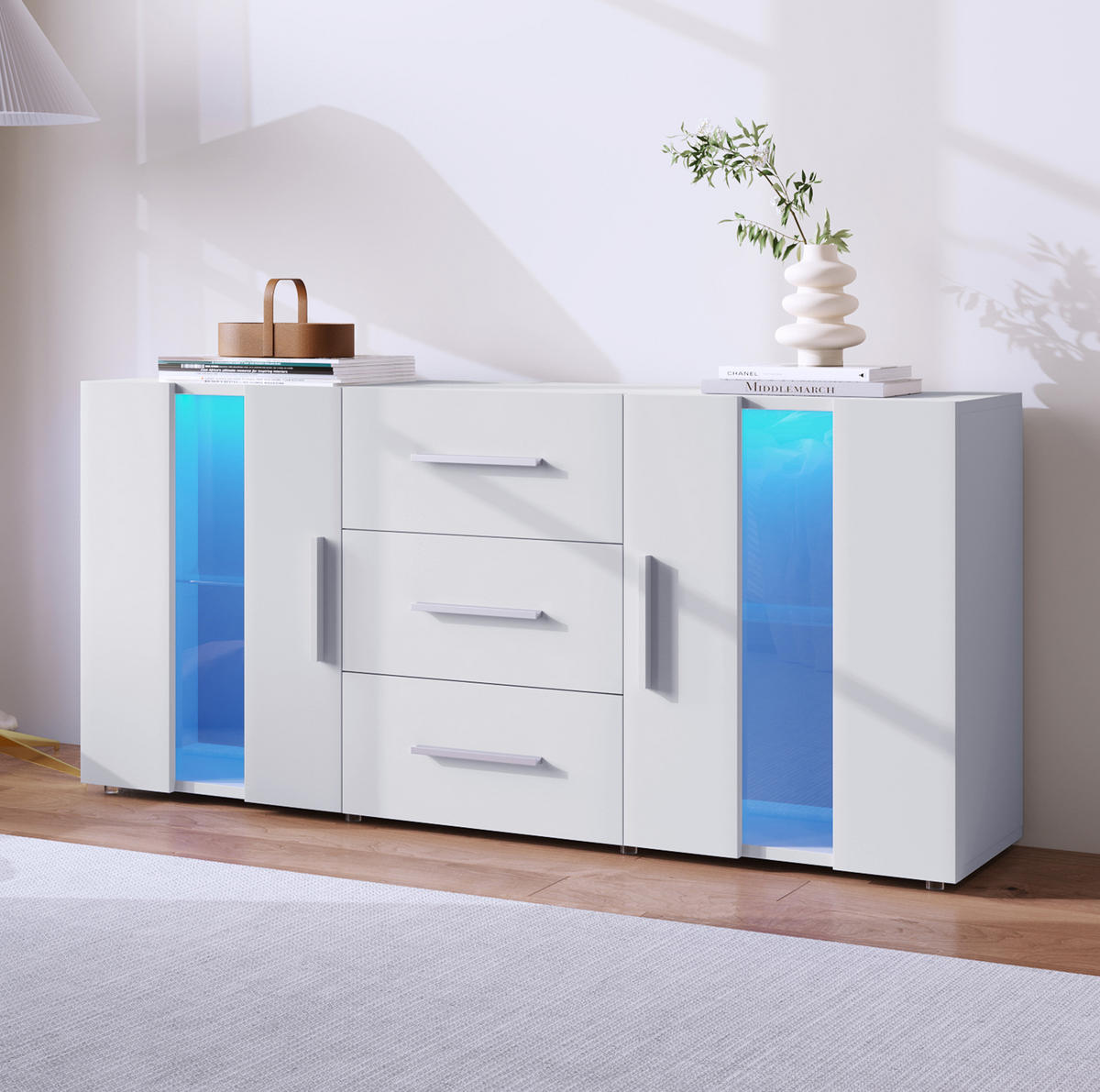 KOMODA z MDF 140x35x70 cm bílá s LED osvětlením, USB napájením a úložným prostorem - bílá, kompozitní dřevo (140/70/35cm) - Modfu