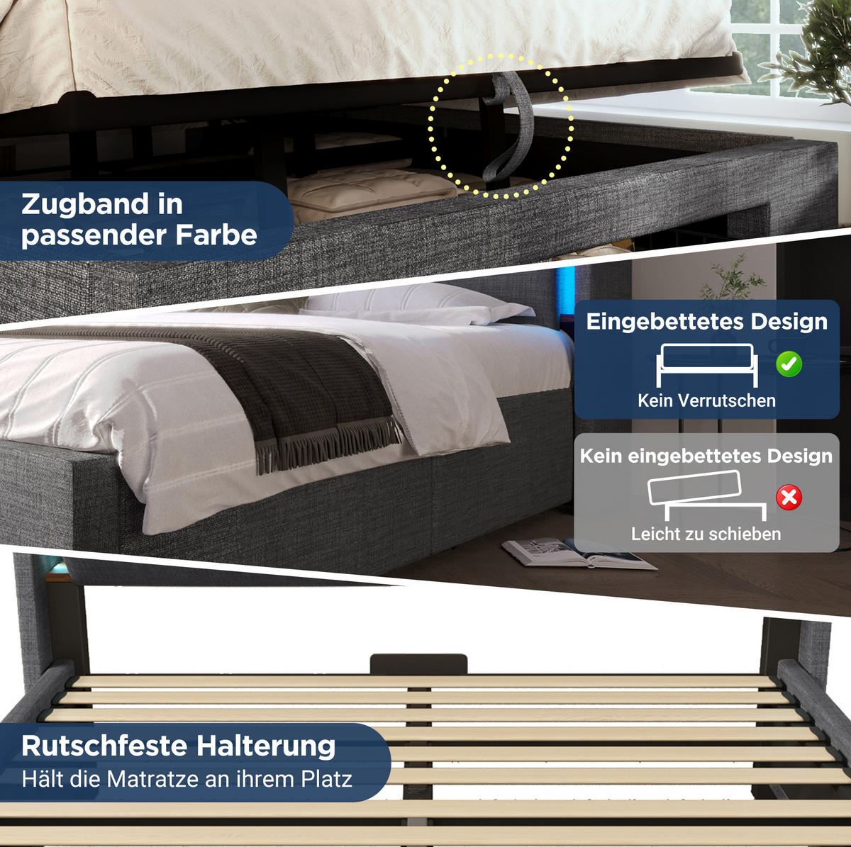 POLSTERBETT 160/200 cm grau aus Leinen mit LED, Stauraum und Matratze - Grau, Textil (160/200cm) - OKWISH