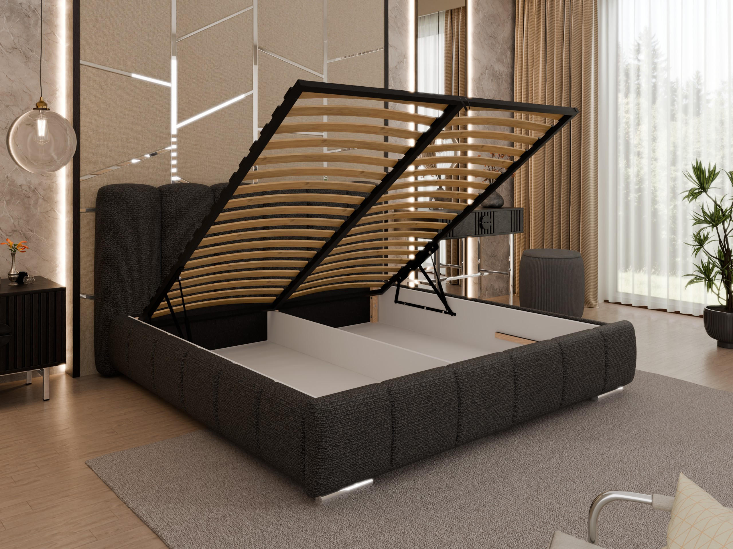 POLSTERBETT ZAIRA 180 x 200 cm mit Bettkasten und Lattenrost, 7-Zonen-Taschenfederkernmatratze CIRA (24 cm) – Graphit - Schwarz, Holz (160/200cm) - Panda Möbel