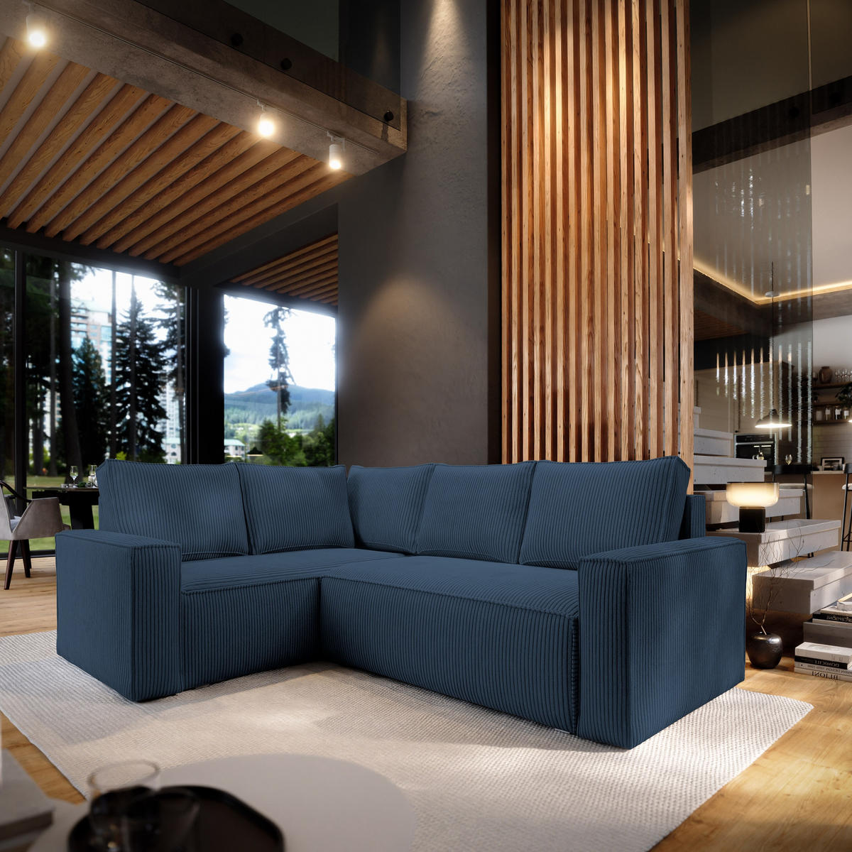 ECKSOFA ESTANO L-S Blau Kordstoff mit Schlaffunktion - Blau, Holz (230/158cm) - MASSENO