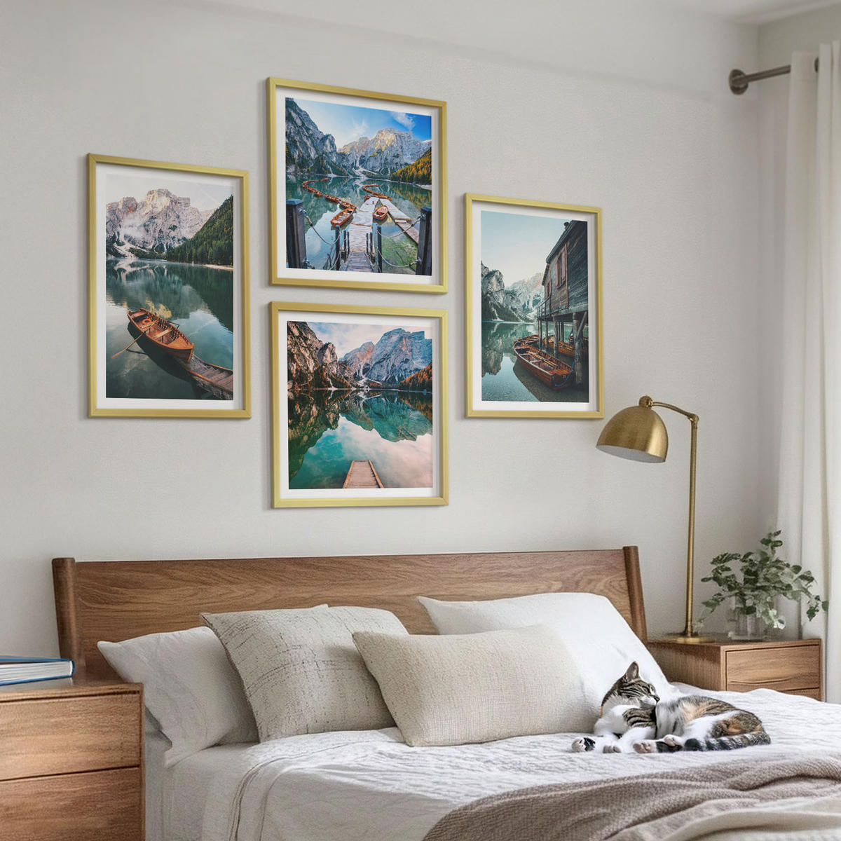 BILDER SET 4er Set - 50x50 cm & 40x60 cm Goldrahmen - See, Berge, Boote, Ferienhaus - Goldfarben, Kunststoff (50/50cm) - TULUP