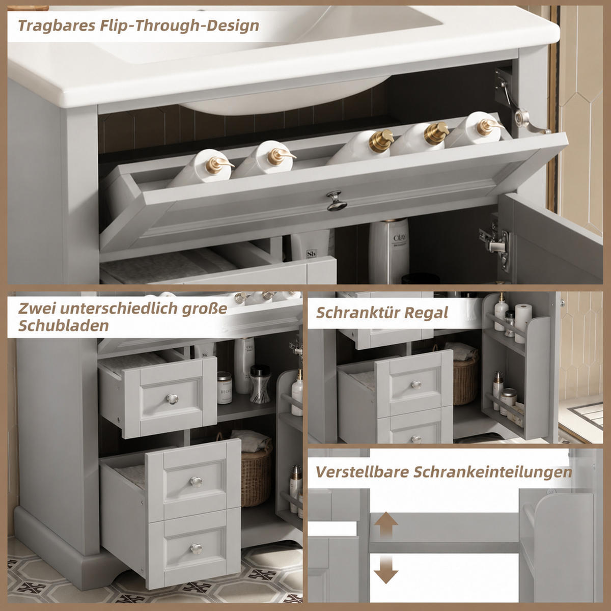 WASCHTISCHKOMBI 76/46/87 cm Grau mit ausklappbare Schublade und 2 Schubladen, ohne Wasserhahn - Edelstahlfarben/Grau, Holz/Holzwerkstoff (46/87/76cm) - Oxeza