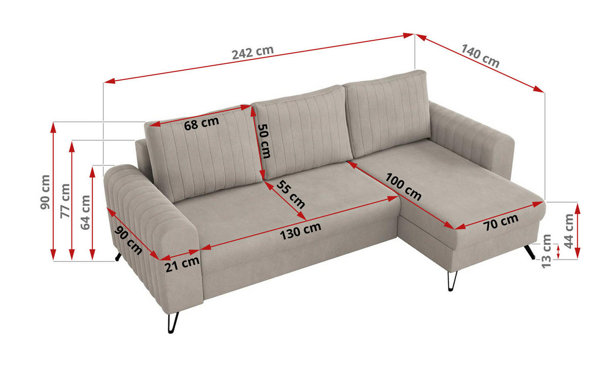 ECKSOFA Axel Samt Ecru - Ecru/Schwarz, Textil/Metall (242/140cm) - MKS