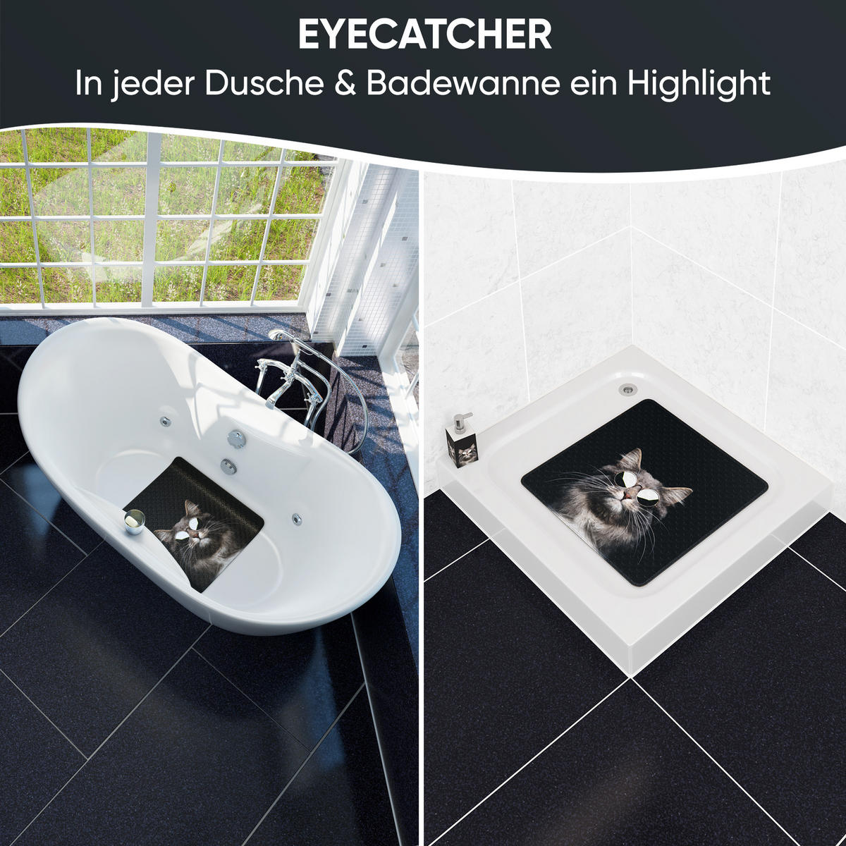 BADEMATTE Cool Cat - Schwarz, Kunststoff (53/53cm) - Sanilo