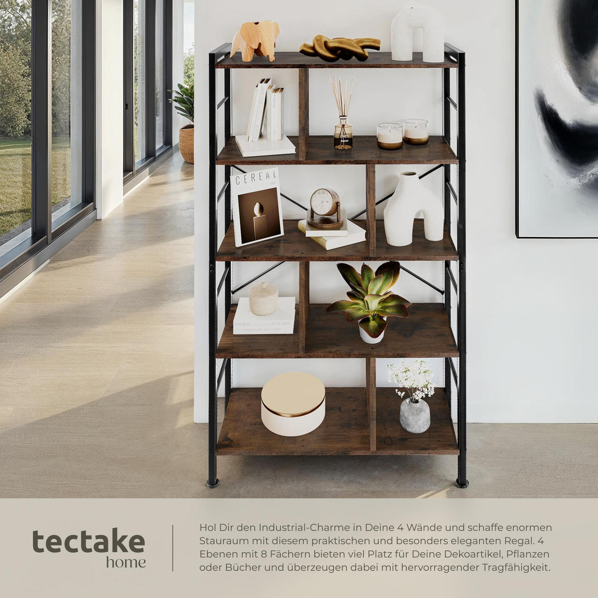 REGAL Charleston,inklusive Kippschutz, 75,5 x 30 x 155 cm,Industrial Holz dunkel, rustikal - Rostfarben, Holzwerkstoff (30/155/75.5cm) - tectake