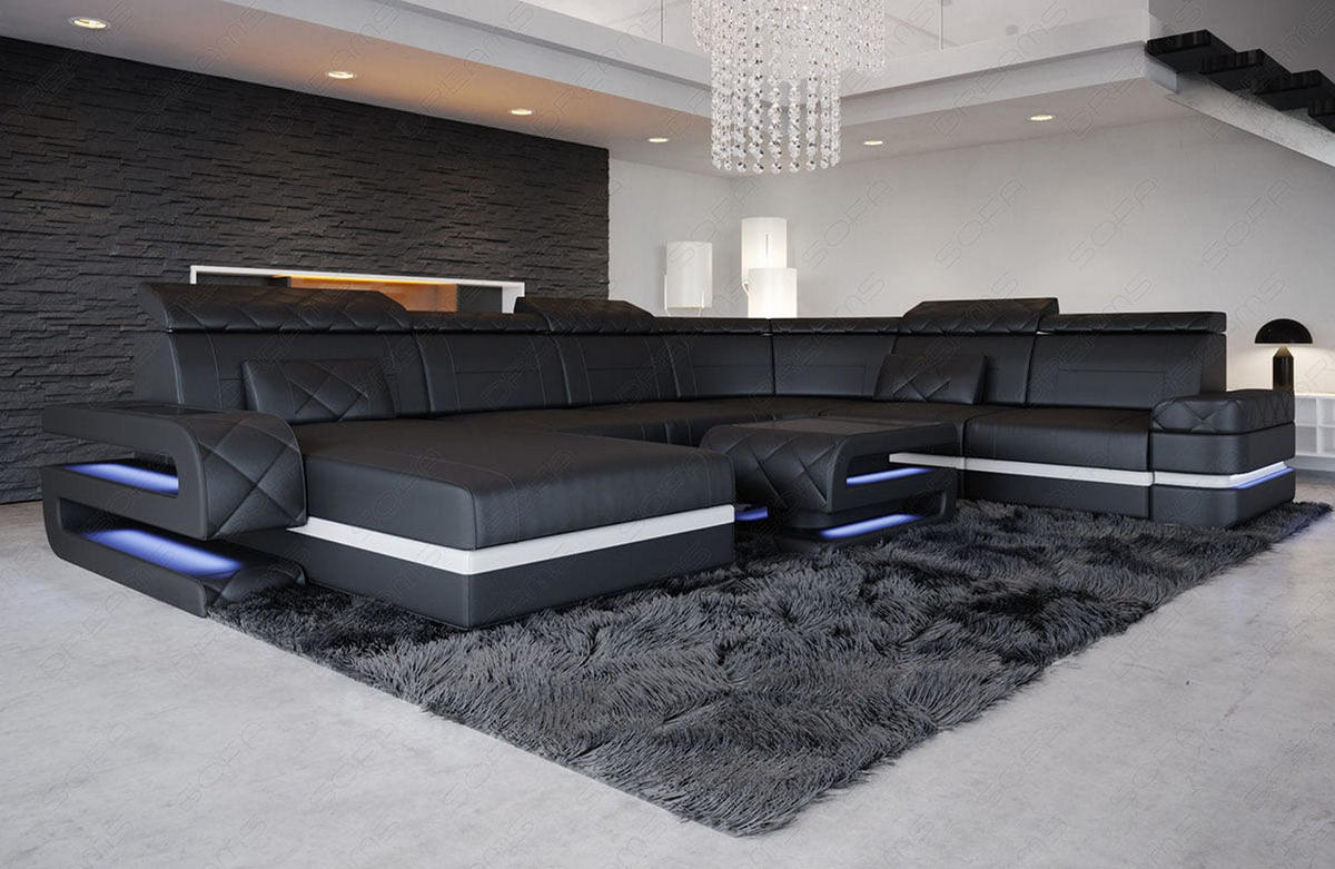 WOHNLANDSCHAFT Bologna Schwarz Weiß Büffelleder - Schwarz, Leder (397/89/299cm)