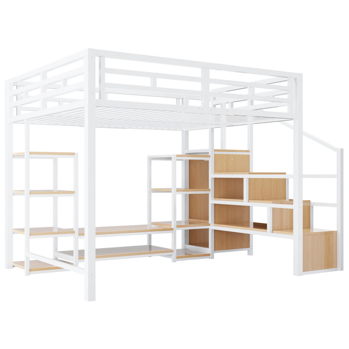 VYSOKÁ posteľ 140/200 cm biela s TV stojanom, zásuvkou a úložným rebríkom z kovu a MDF - biela, kompozitné drevo (140/200cm) - OKWISH
