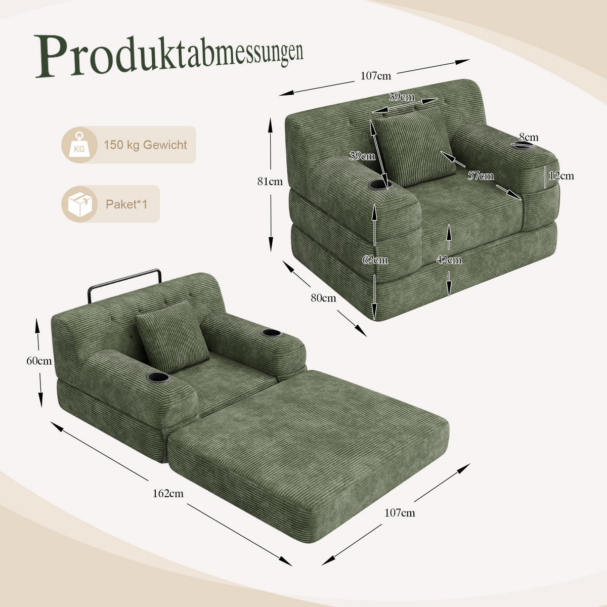 ROZKLÁDACÍ KŘESLO Zelené z manšestru s držáky nápojů - zelená barva, textil (107/81/80cm) - Urban Meuble
