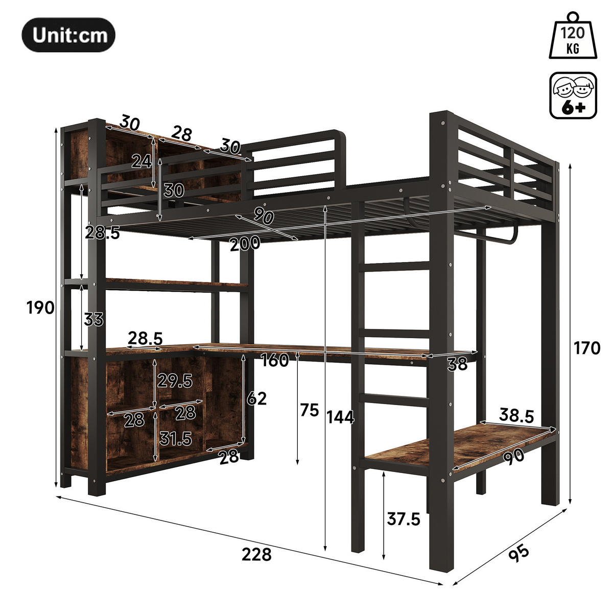 HOCHBETT 90x200 cm in Schwarz mit Schreibtisch, Kleiderstange und Regalen - Schwarz, Holzwerkstoff (90/200cm) - IVMEU