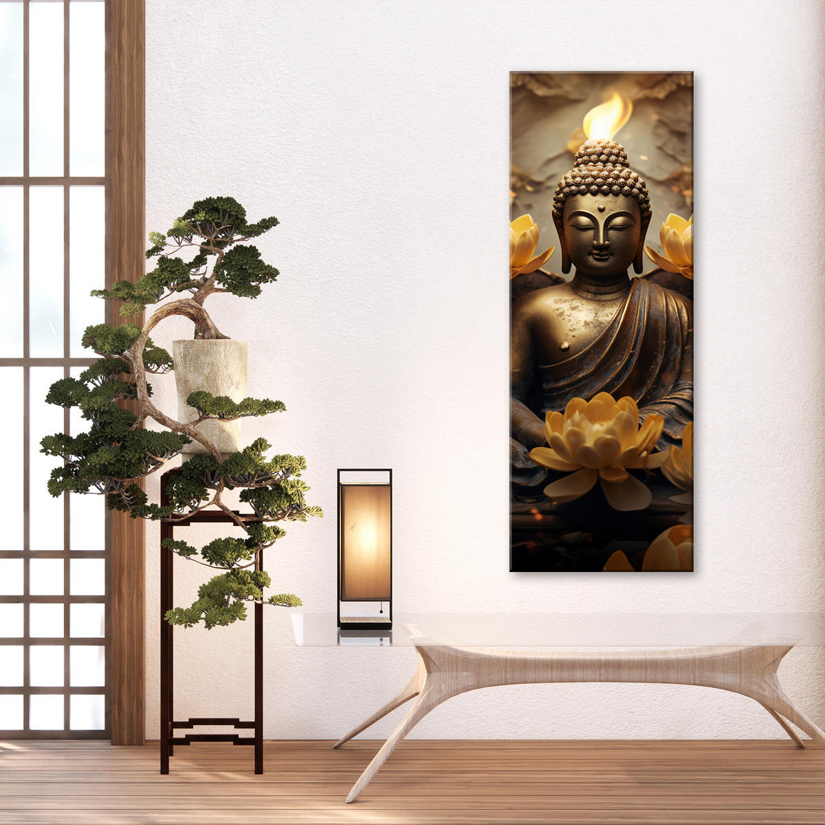 WANDBILD goldener buddha und blumen - Goldfarben, Textil (30/90cm) - Feeby
