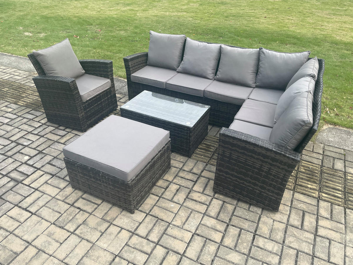 LOUNGEMÖBEL-SETS mit Couchtisch Sofa Polyrattan Dunkelgrau 8-Sitzer - Dunkelgrau/Grau, Glas/Kunststoff - Fimous