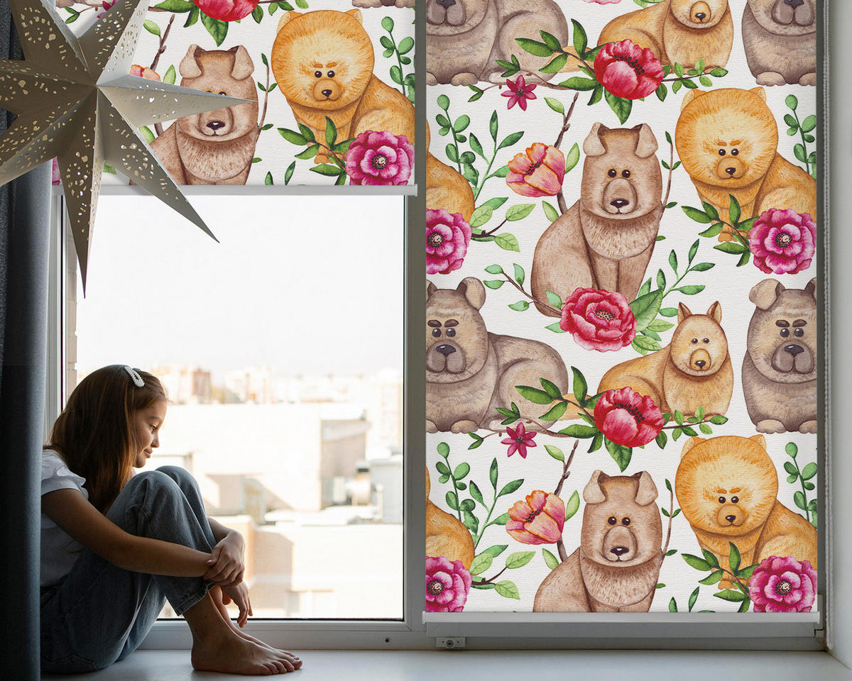 VNÚTORNÁ roleta - okenná roleta - roleta - 100x100 cm - Psy medzi kvetmi - hnedá, plast (100/100/0.5cm) - TULUP