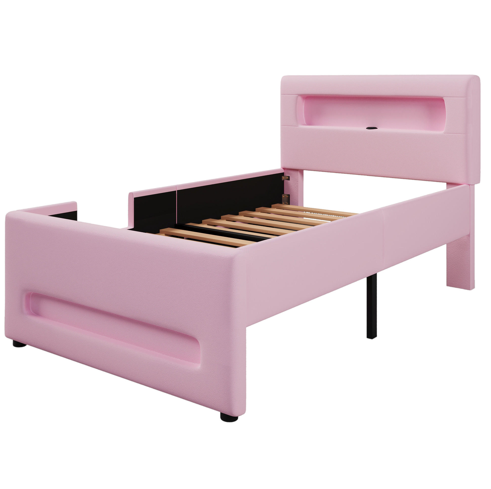 OKWISH ČALOUNĚNÁ postel 90/200 cm růžová z PU a MDF s LED osvětlením a úložnou zásuvkou