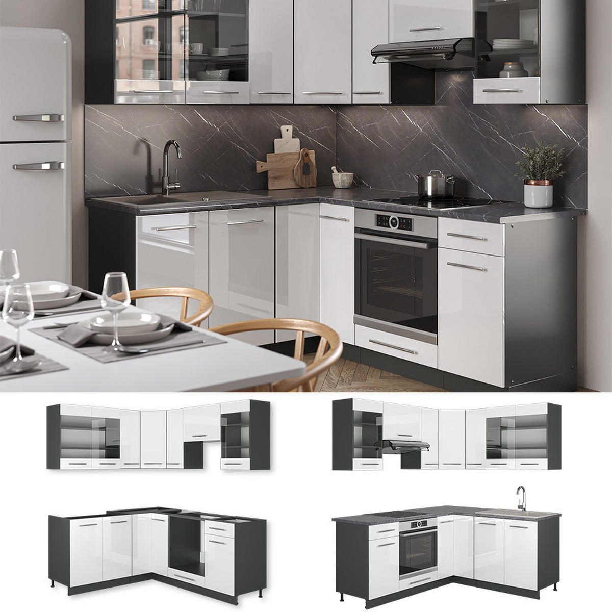 ECKKÜCHE Fame-Line Weiß Hochglanz/Anthrazit 160 x 190 cm, AP Marmor - Weiß Hochglanz/Anthrazit, Holzwerkstoff (190/81.6/60cm) - Vicco
