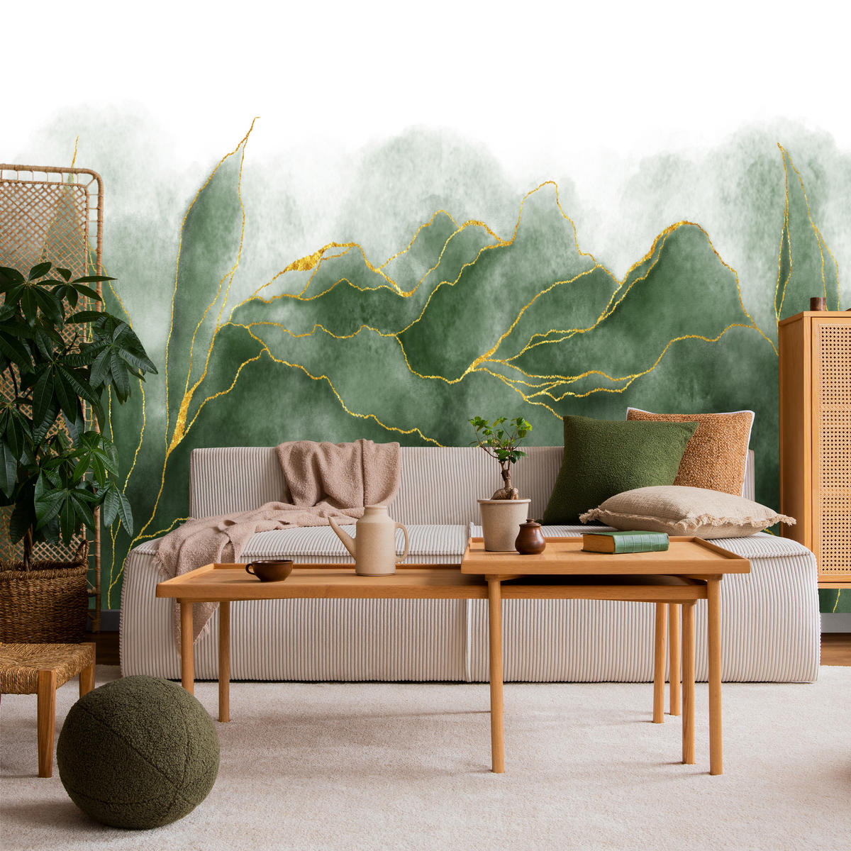 FOTOTAPETE für Schlafzimmer Abstrakte Grüne Aqwarell Blätter Glamour 200x140 - Gelb/Grau, Papier (200/140cm) - Muralo