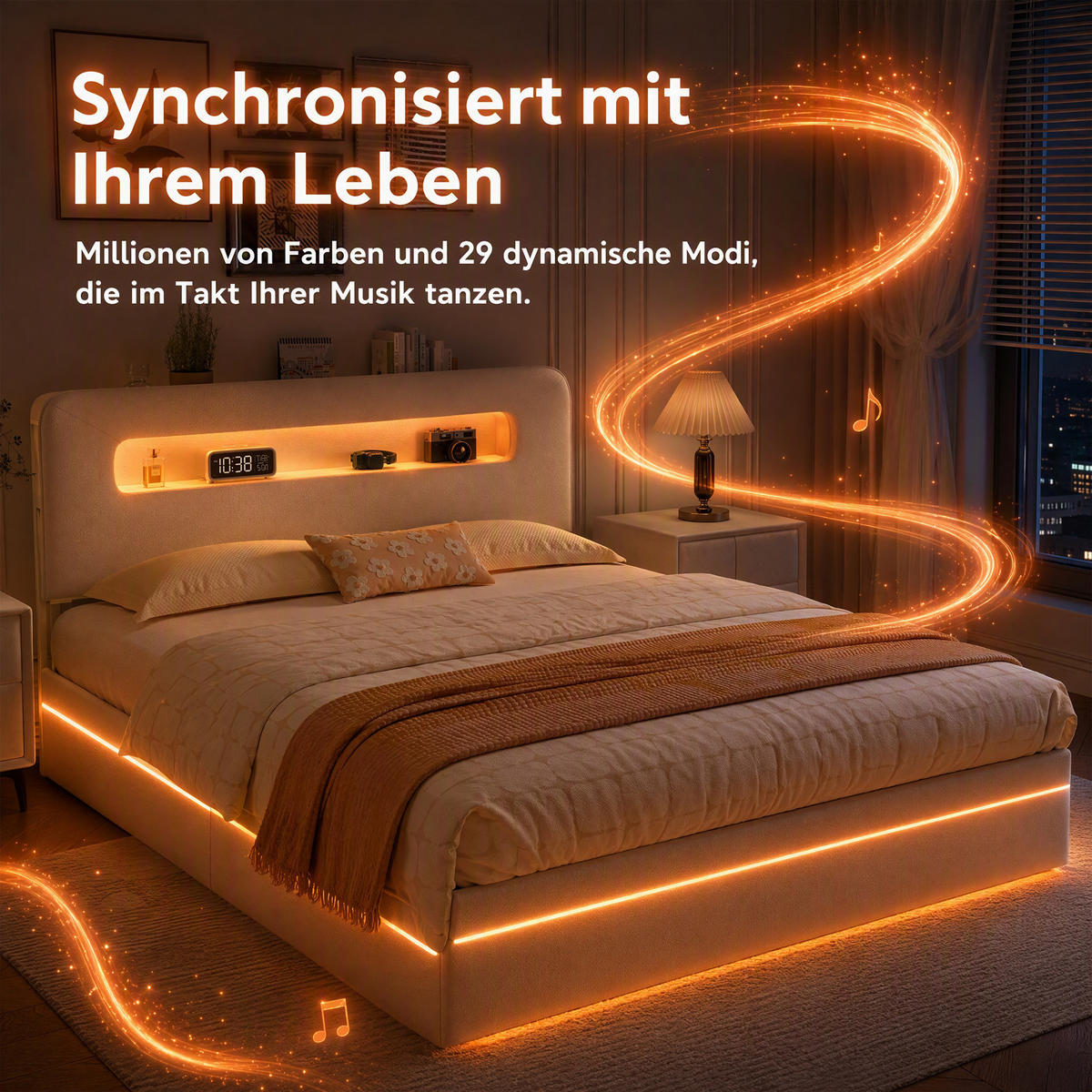 POLSTERBETT 140x200 mit bettkasten, Doppelbett mit stauraum, LED, lattenrost, samt, beige - Beige, Holz/Textil (140/200cm) - GENKI LIVING