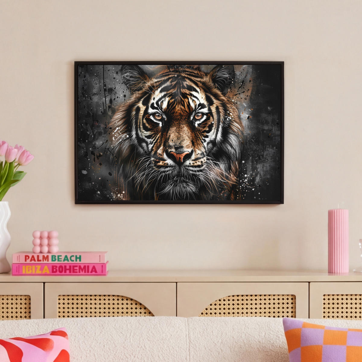 LEINWAND Bilder mit Rahmen - Tiger - Tiere - Porträt - Luxus - Schwarz - 60x40 - Braun, Textil (60/40cm) - MuchoWow