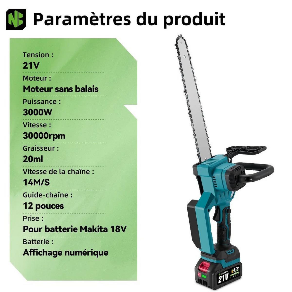 KETTENSÄGE 12-Zoll-bürstenlose elektrische mit LED-Anzeige Mit 2 Batterien - Blau, Metall (16.5/7/63cm) - Coonoor