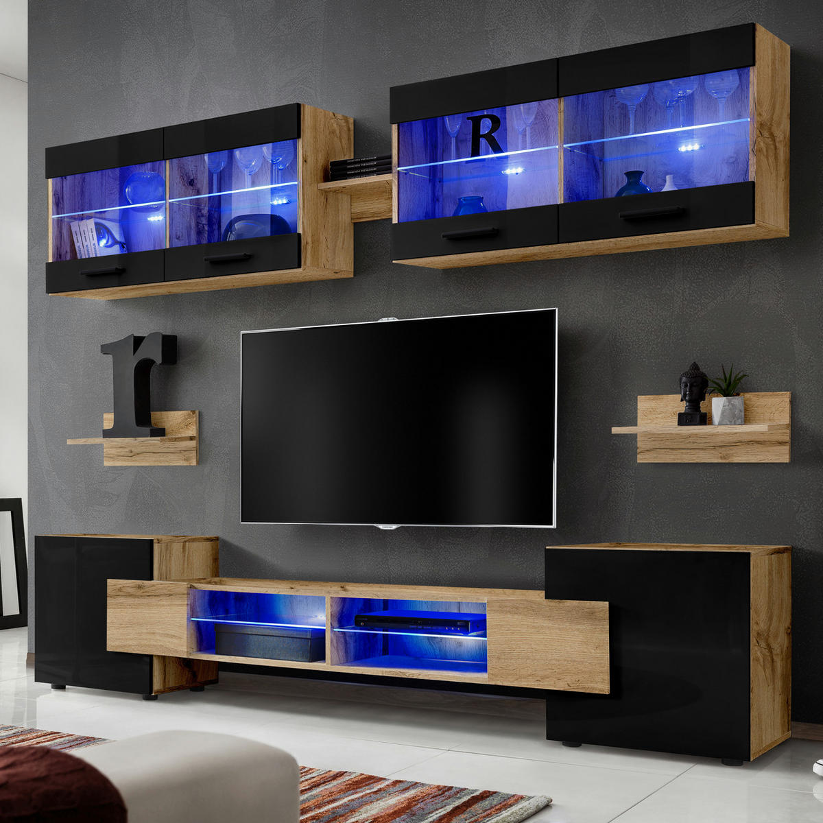WOHNZIMMERSET Foggia, 6er-Set, Eiche Wotan, Front Hochglanz Schwarz, LED Blau - Eiche Wotan/Schwarz, Glas/Holzwerkstoff (230/190/45cm) - Komodee