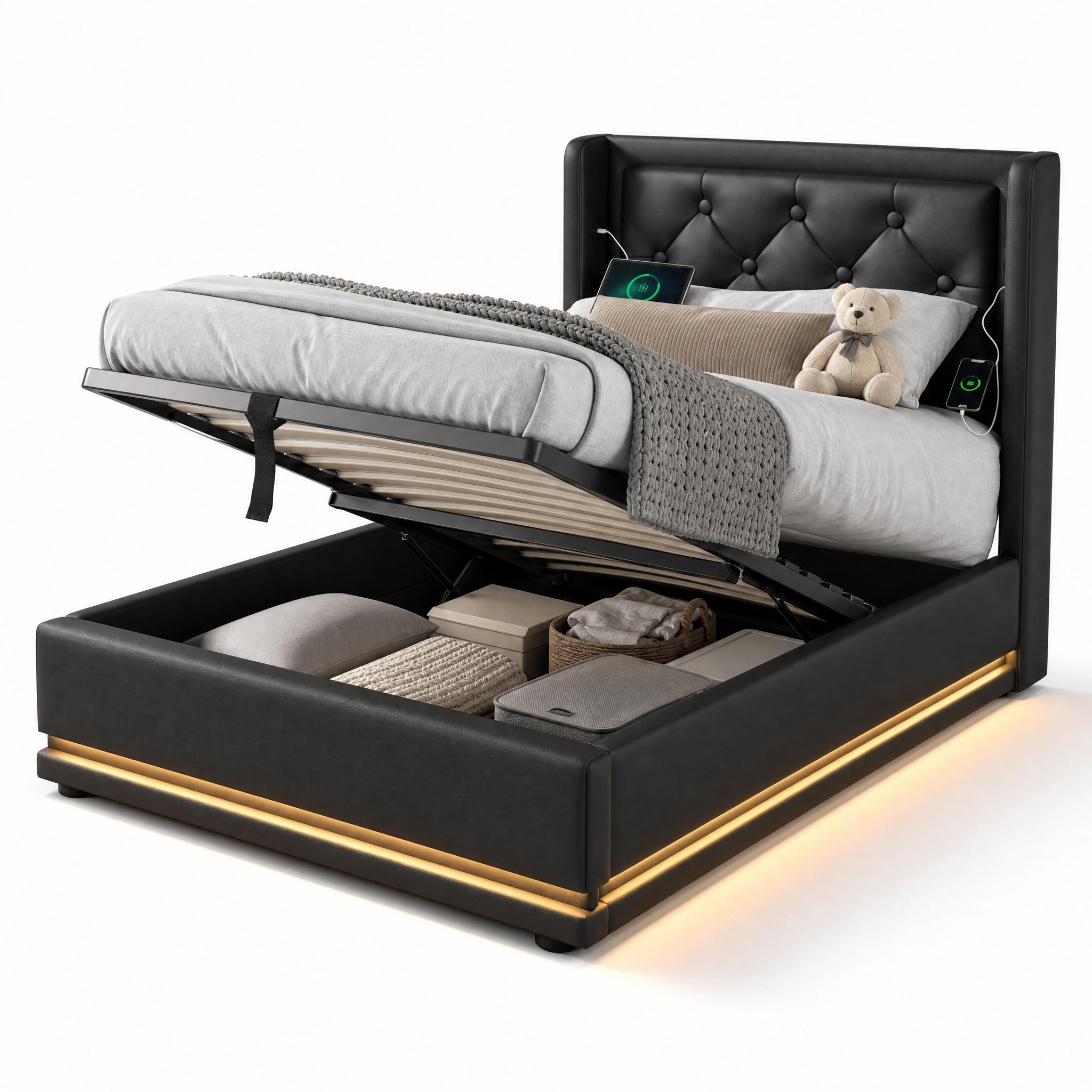 POLSTERBETT 90/200 cm in Schwarz mit Bettkasten, LED, USB und Type-C im Chesterfield-Design - Schwarz, Holzwerkstoff/Textil (90/200cm) - STILVORA