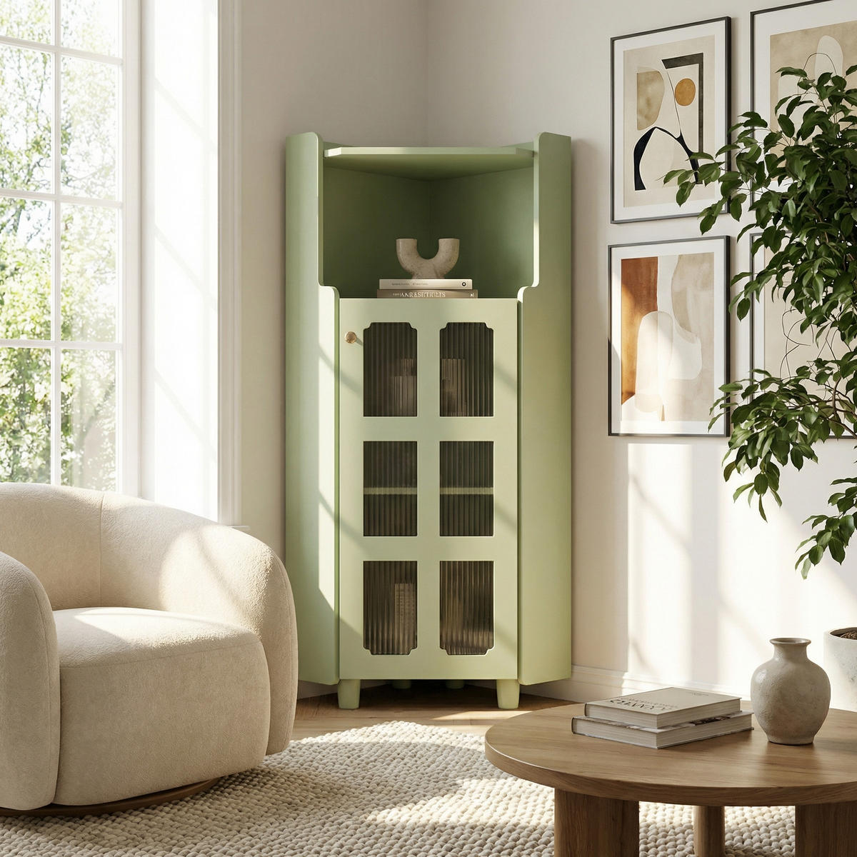 ECKSCHRANK in Grün lackiert mit App-gesteuerter LED & Glasvitrine - Mintgrün, Holzwerkstoff (63/124/45cm) - Urban Meuble