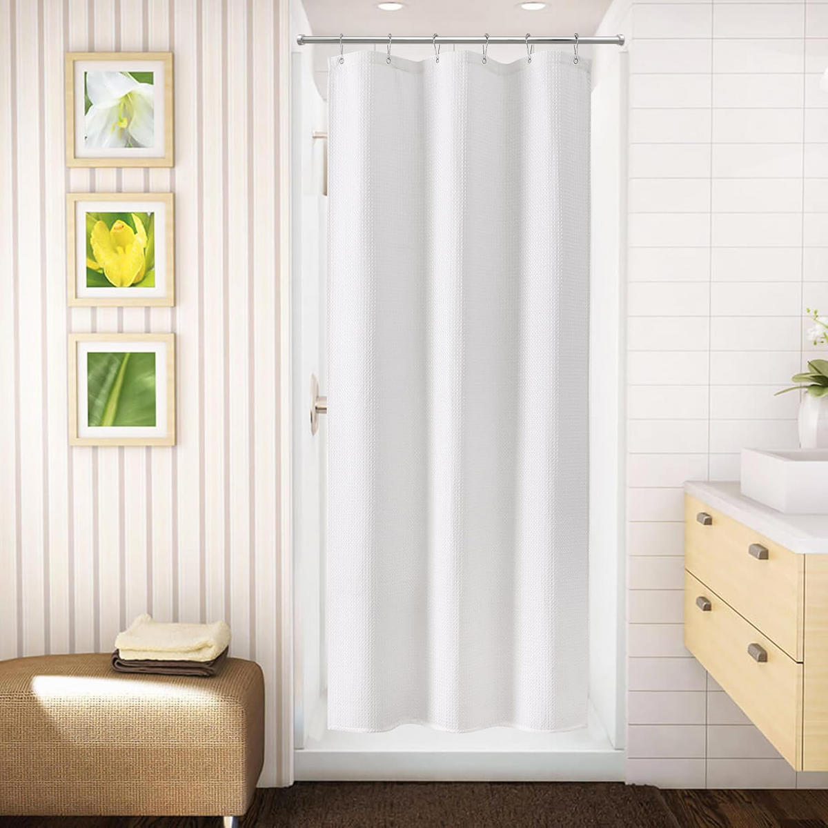 DUSCHVORHANG Waffelstruktur mit Ring für Badewanne und Dusche Weiß - Weiß, Textil (180/180cm) - MCBOSON
