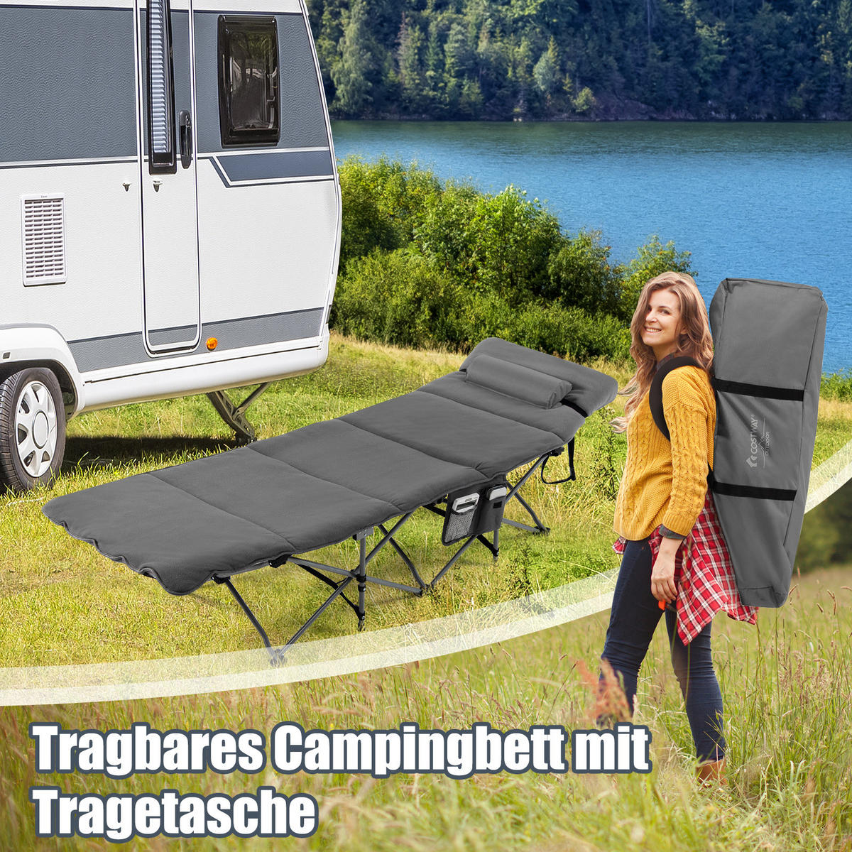 CAMPINGBETT mit Matratze+Kissen Grau - Grau, Metall - COSTWAY