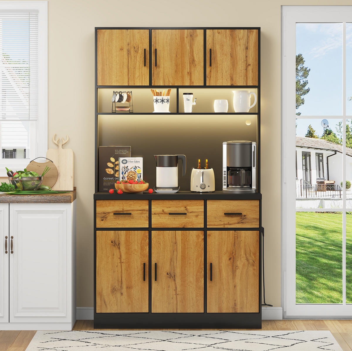 KÜCHENSCHRANK aus MDF und PB 100x40x180 cm Schwarz/Natur mit LED, Steckdosen und USB - Schwarz, Holzwerkstoff (100/180/40cm) - IVMEU