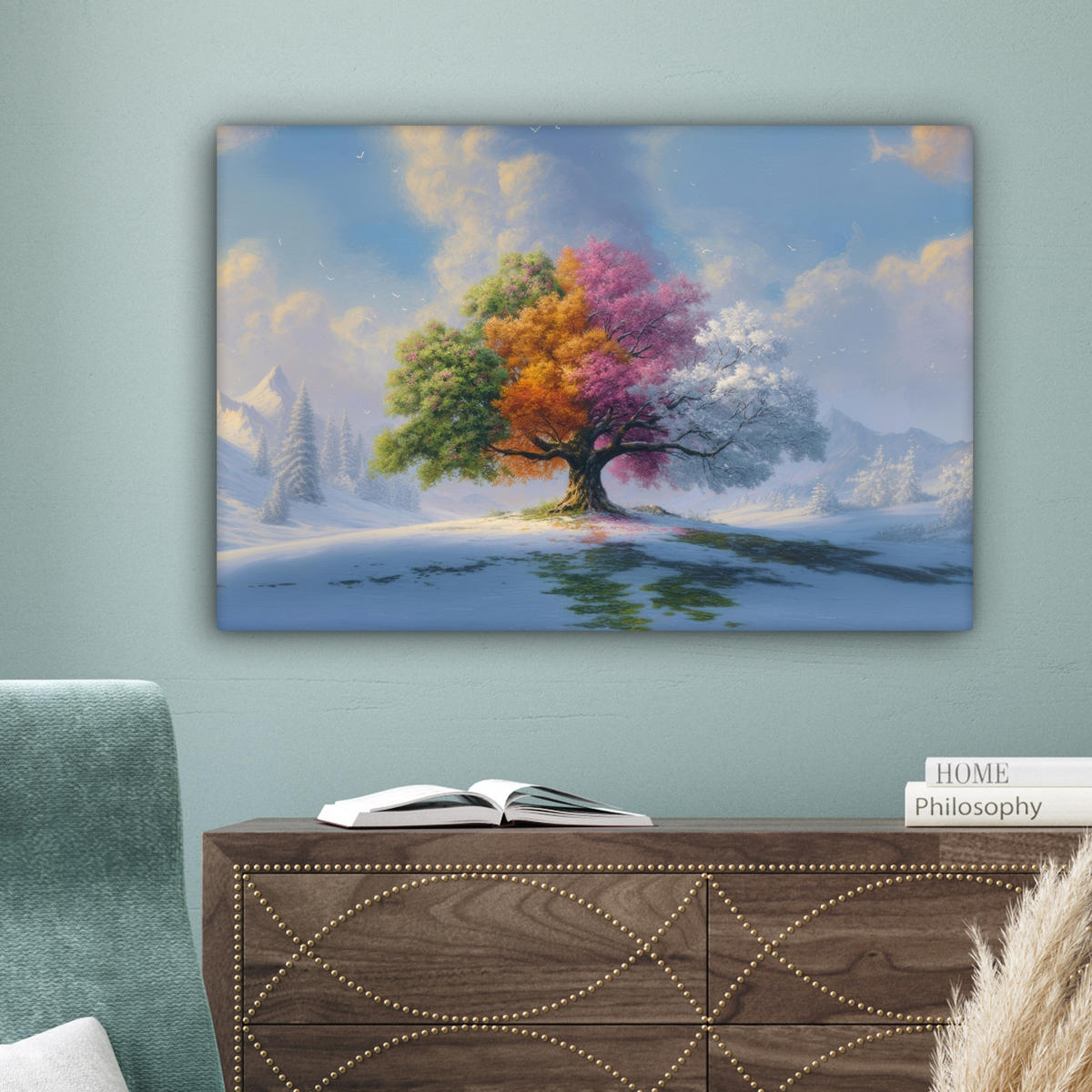 LEINWANDBILD Baum - Jahreszeiten - Winter - Landschaft Gemälde 60x40 cm - Multicolor, Textil (60/40cm) - MuchoWow