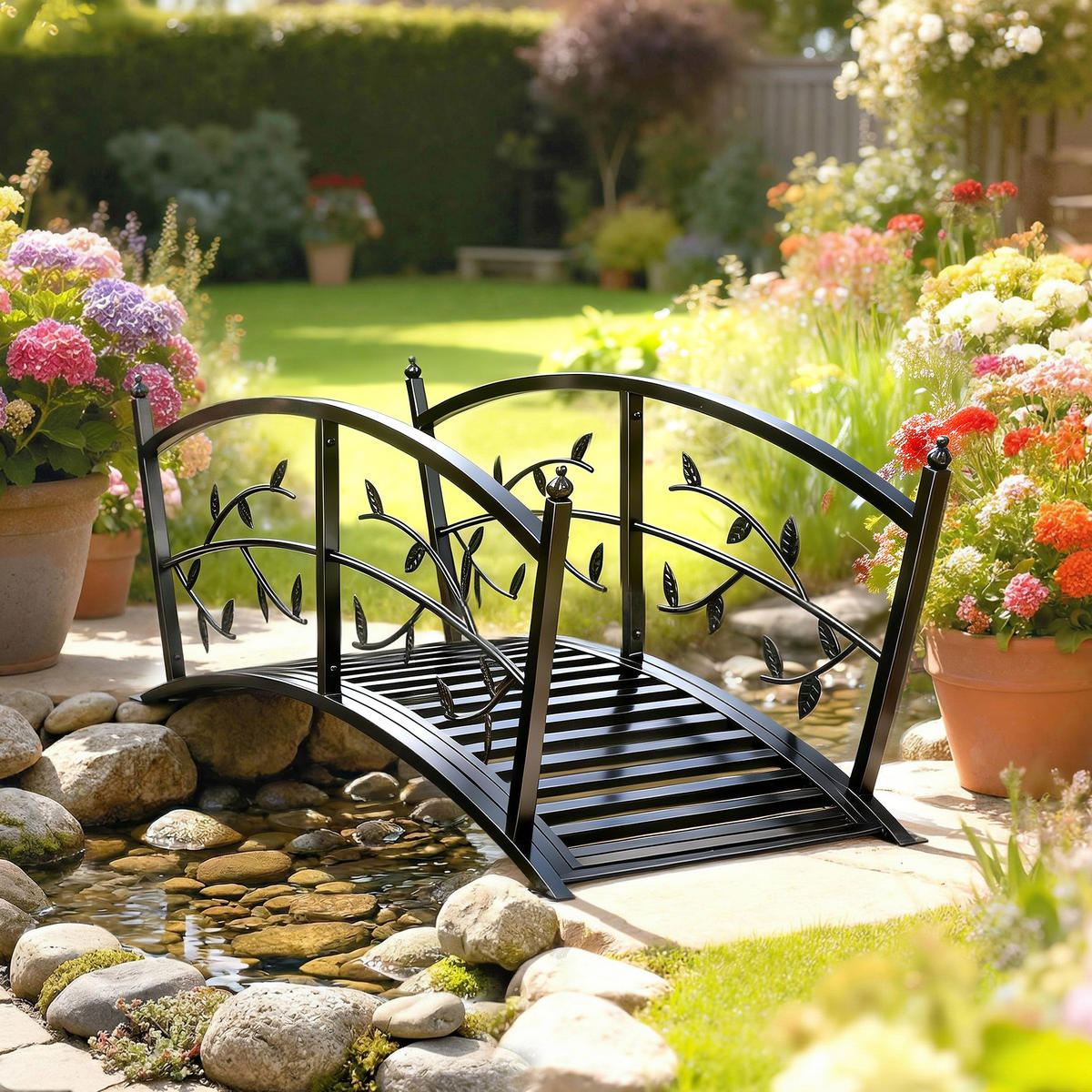 GARTENBRÜCKE,METALL Teichbrücke 1,2m Blattdekor,schwarz - Schwarz, Metall (120/51/47cm) - Vallsero