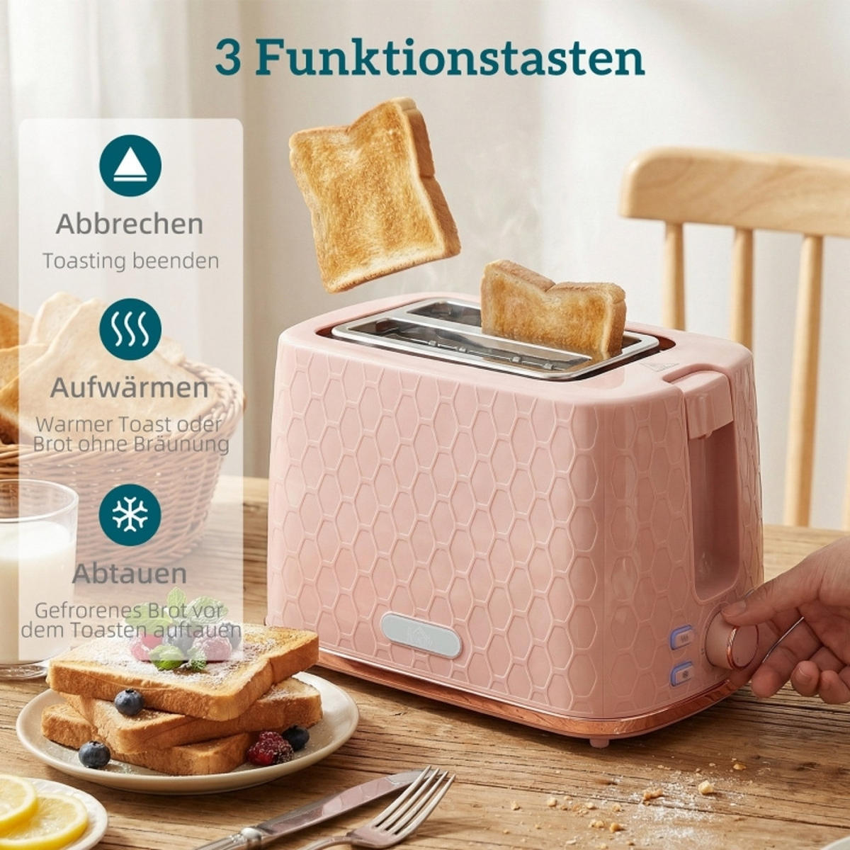 WASSERKOCHER-TOASTER SET Rosa Geriffelt 1,7 L 2200W - Pink, Kunststoff (19.5/23.4/24.2cm) - Rolipo