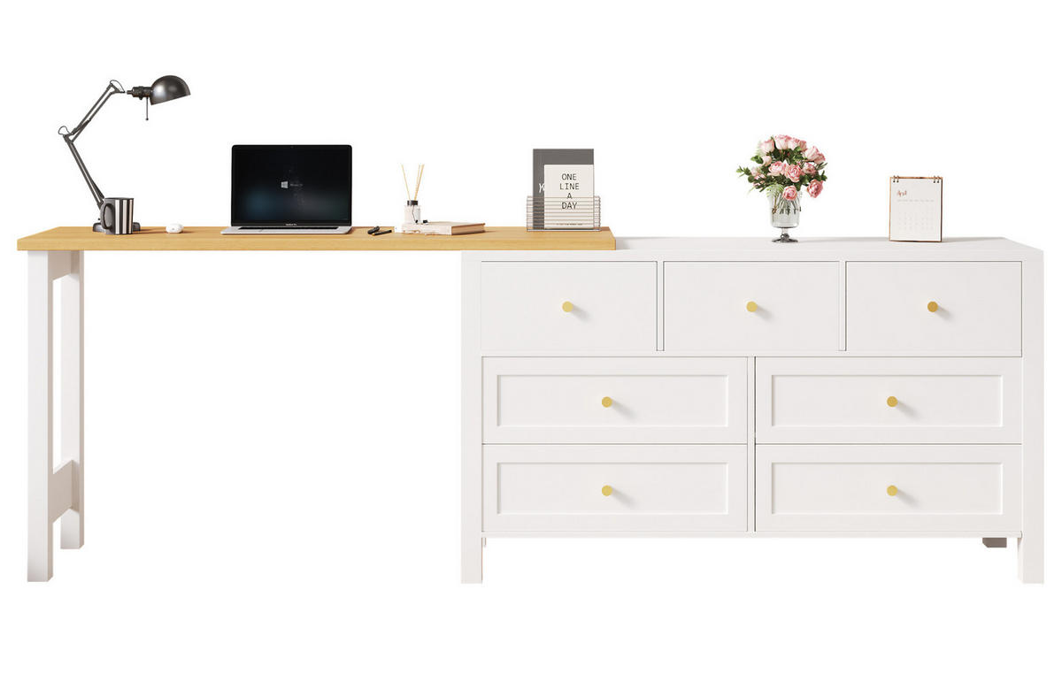 PSACÍ stůl z dřevotřísky 120x40x70 cm bílý/dubový dekor s otočnou deskou 360° a 7 zásuvkami, 2 v 1 - bílá, kompozitní dřevo (120/70/40cm) - Modfu