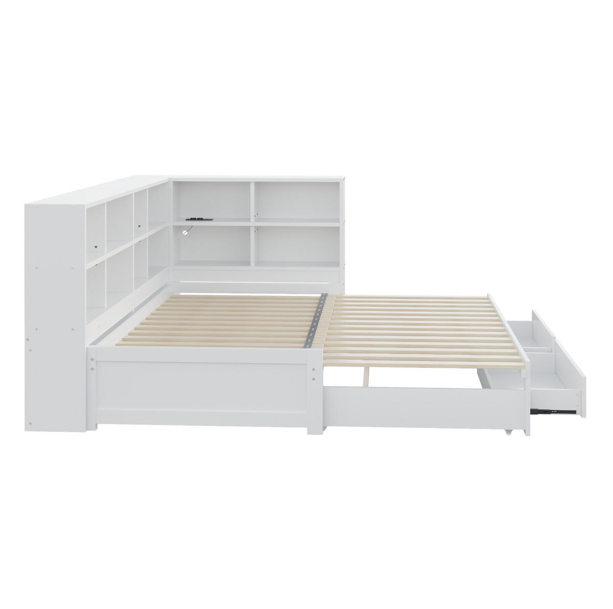 MULTIFUNKTIONSBETT 90/190 cm weiß aus Holz mit Ausziehbett Stauraum Steckdose - Weiß, Holzwerkstoff (90/190cm) - OKWISH