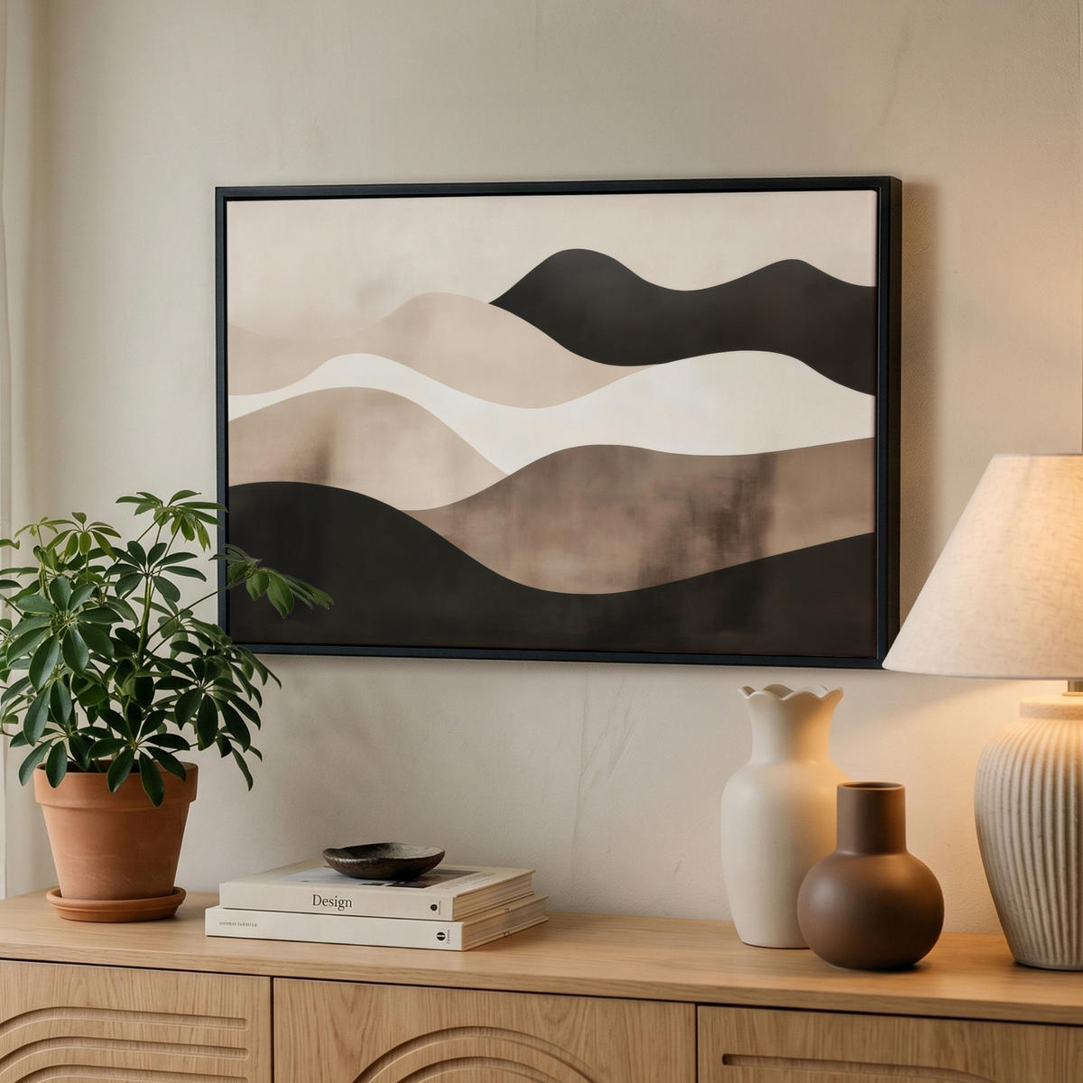 LEINWAND Bilder mit Rahmen - Abstrakt - Landschaft - Wellen - Cremefarben - 60x40 - Cappuccino, Textil (60/40cm) - MuchoWow