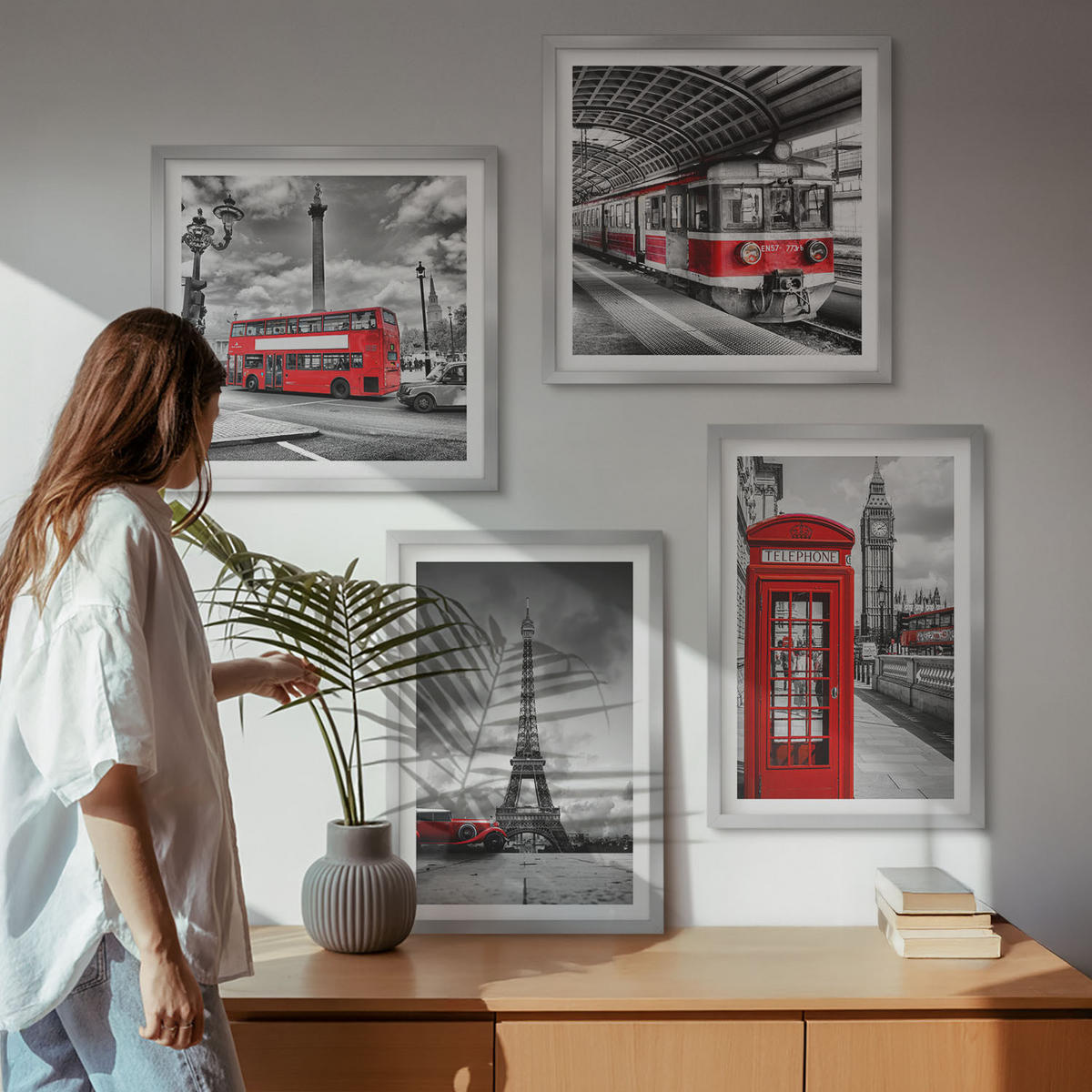WANDBILDER 4er Set - 50x50 cm & 40x60 cm Silberner Rahmen - Ikonische Städte London Paris Eisenbahn - Silberfarben, Kunststoff (50/50cm) - ArtPrintCave