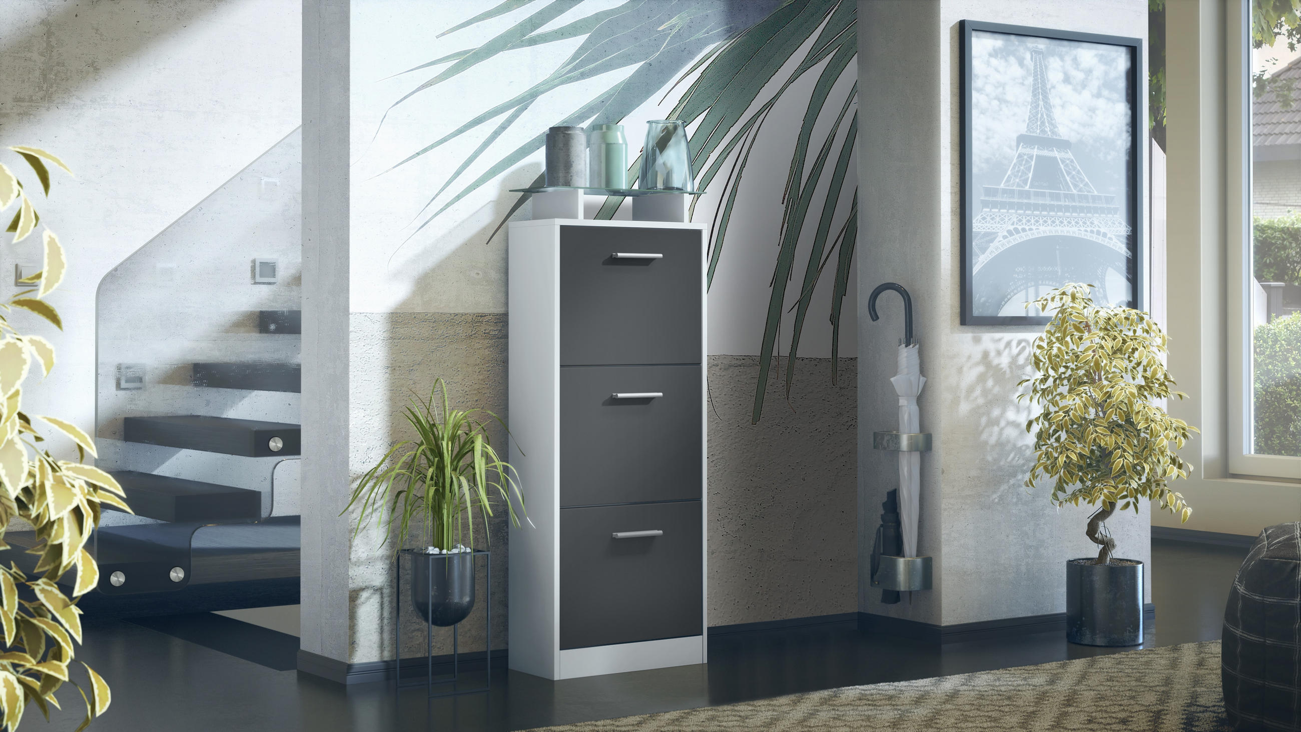 Thumbnail - Vladon Schuhschrank, Schwarz, Holzwerkstoff, 46x128x23 cm, Garderobe, Schuhaufbewahrung, Schuhkipper