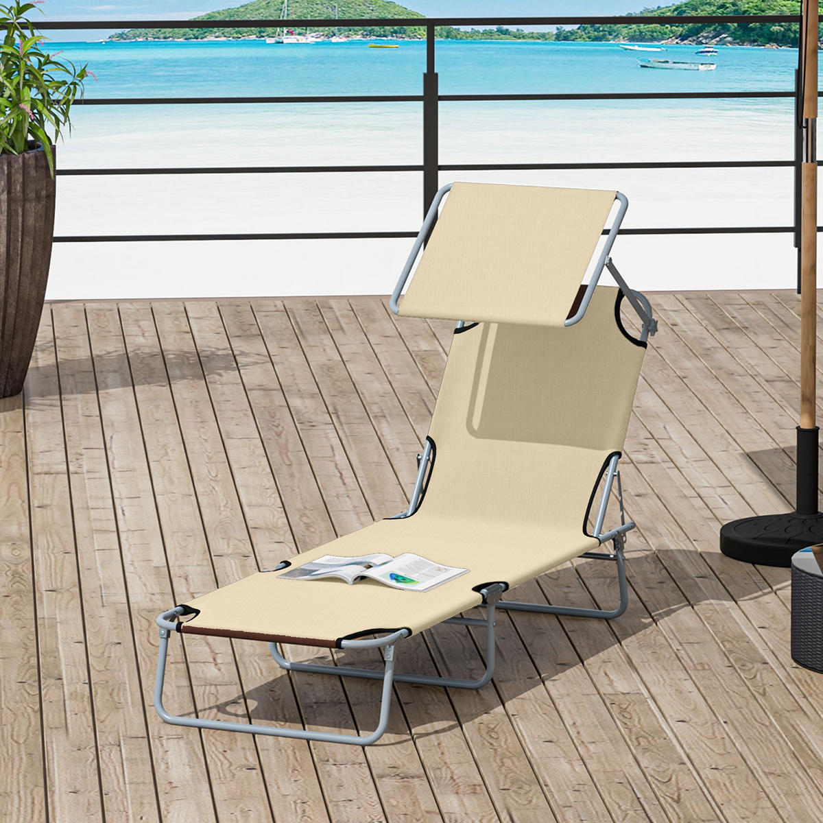 KLAPPBARE Sonnenliege mit Sonnendach und 4-fach verstellbarer Rückenlehne, wetterfeste Campingliege bis 120 kg, Beige - Beige, Metall (187/36/58cm)