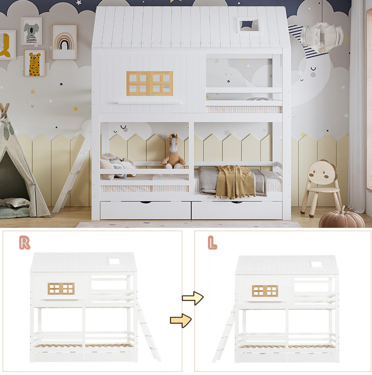 ETAGENBETT 90/200 cm weiß und natur aus Kiefer mit Fenster und Dach - Weiß, Holz (90/200cm) - OKWISH