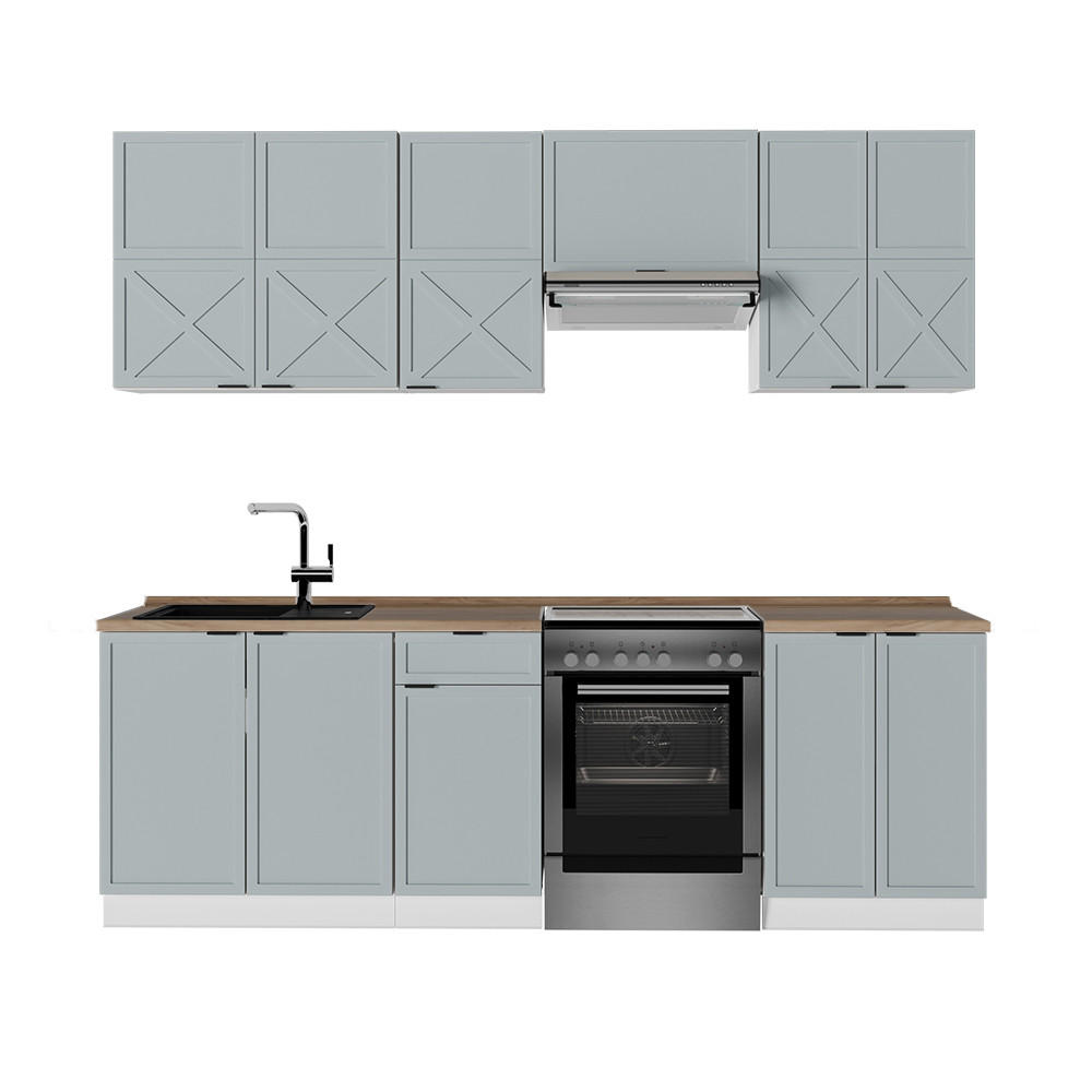KÜCHENZEILE Fame-Line Hellblau-grau/Weiß 240 cm, AP Eiche - Blaugrau/Weiß, Holzwerkstoff (240/81.6/60cm) - Vicco