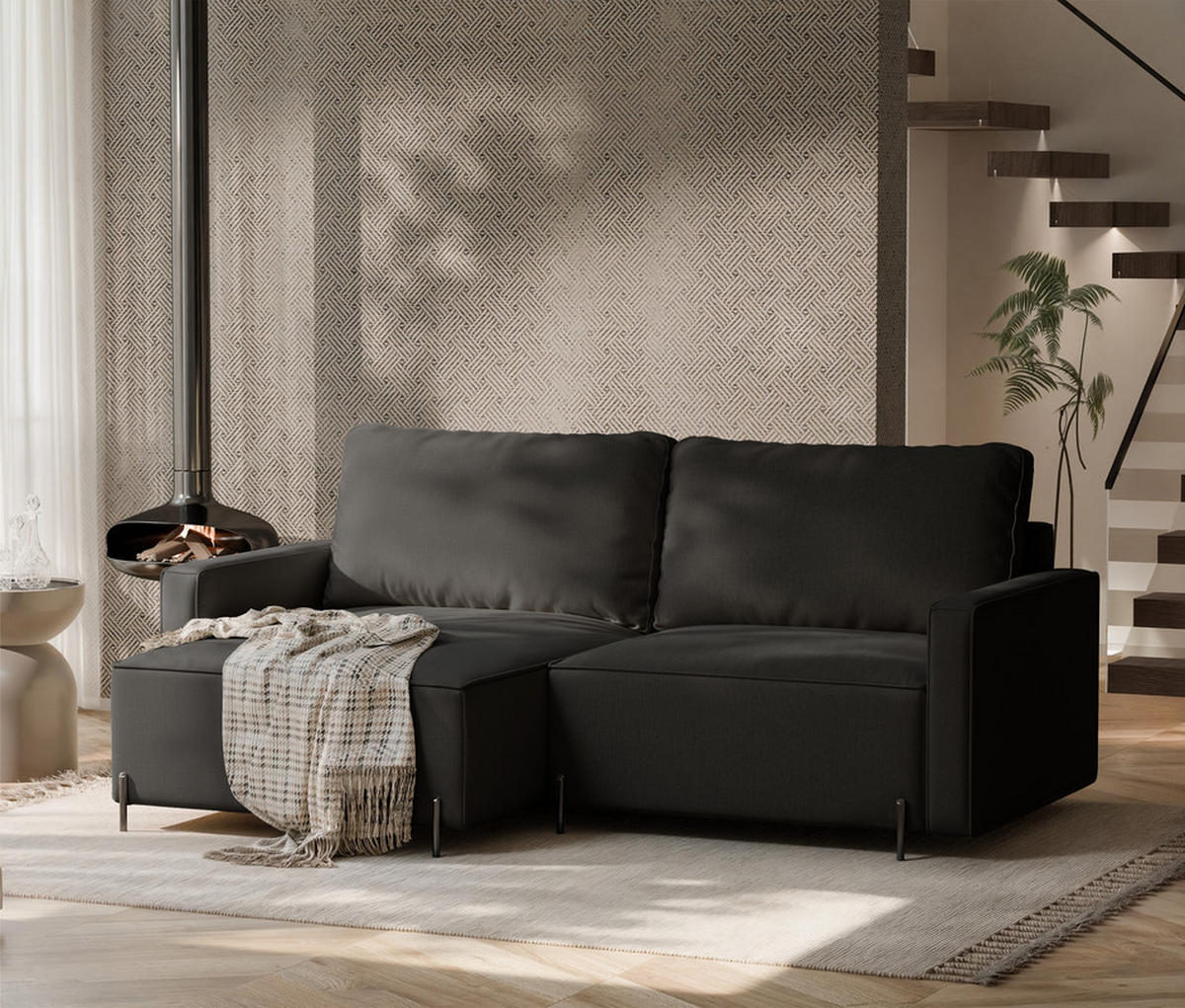 ECKSOFA LEO Links, mit Schlaffunktion und Bettkasten, Anthrazit - Anthrazit, Textil/Metall (229/148cm) - Idohome