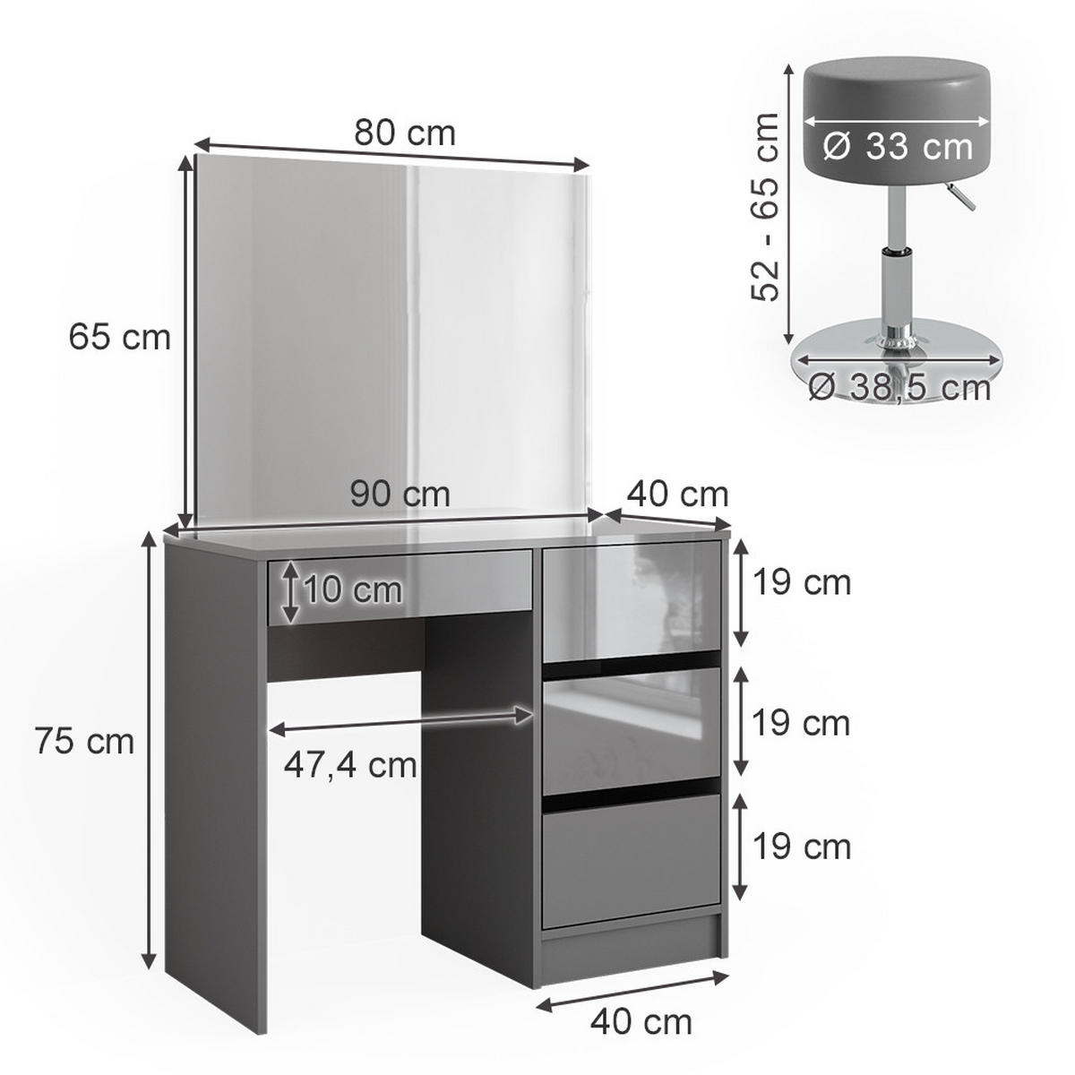 SCHMINKTISCH-SET Sherry Grau 90 cm mit Hocker - Grau, Holzwerkstoff (90/75/40cm) - Vicco