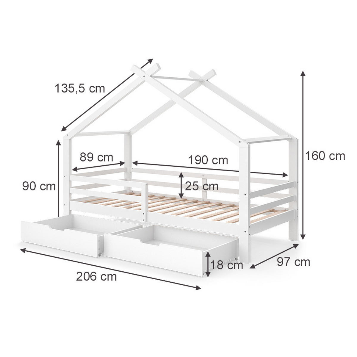 HAUSBETT Luni Weiß 200 x 90 cm mit Schubladen und Matratze - Weiß, Holz - VitaliSpa