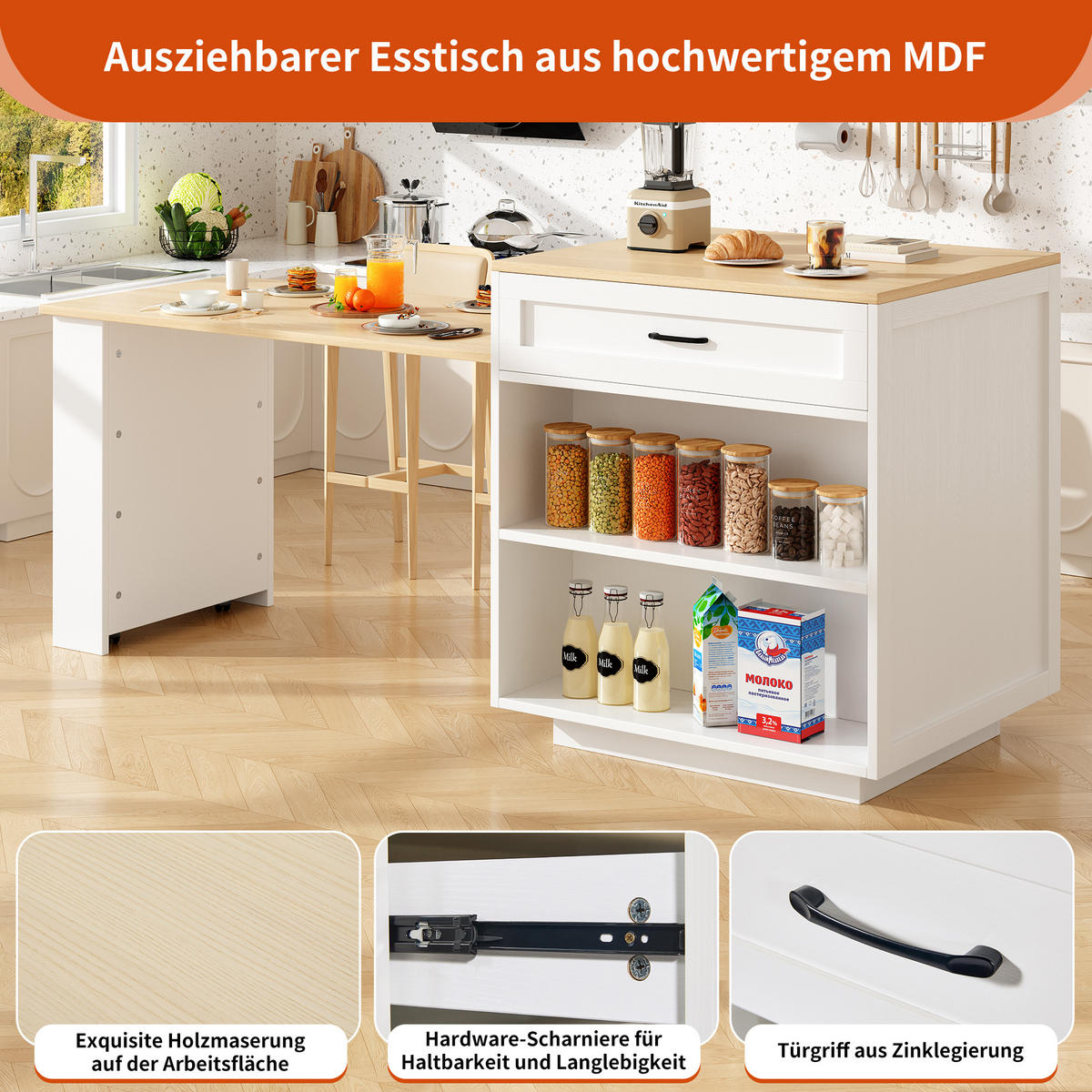 KÜCHENINSEL 133/70/93.5 cm Weiß mit 2 Schubladen, 2 Ablageböden und seitlichem Ablagegestell - Weiß, Holz/Holzwerkstoff (133/93.5/70cm) - Oxeza