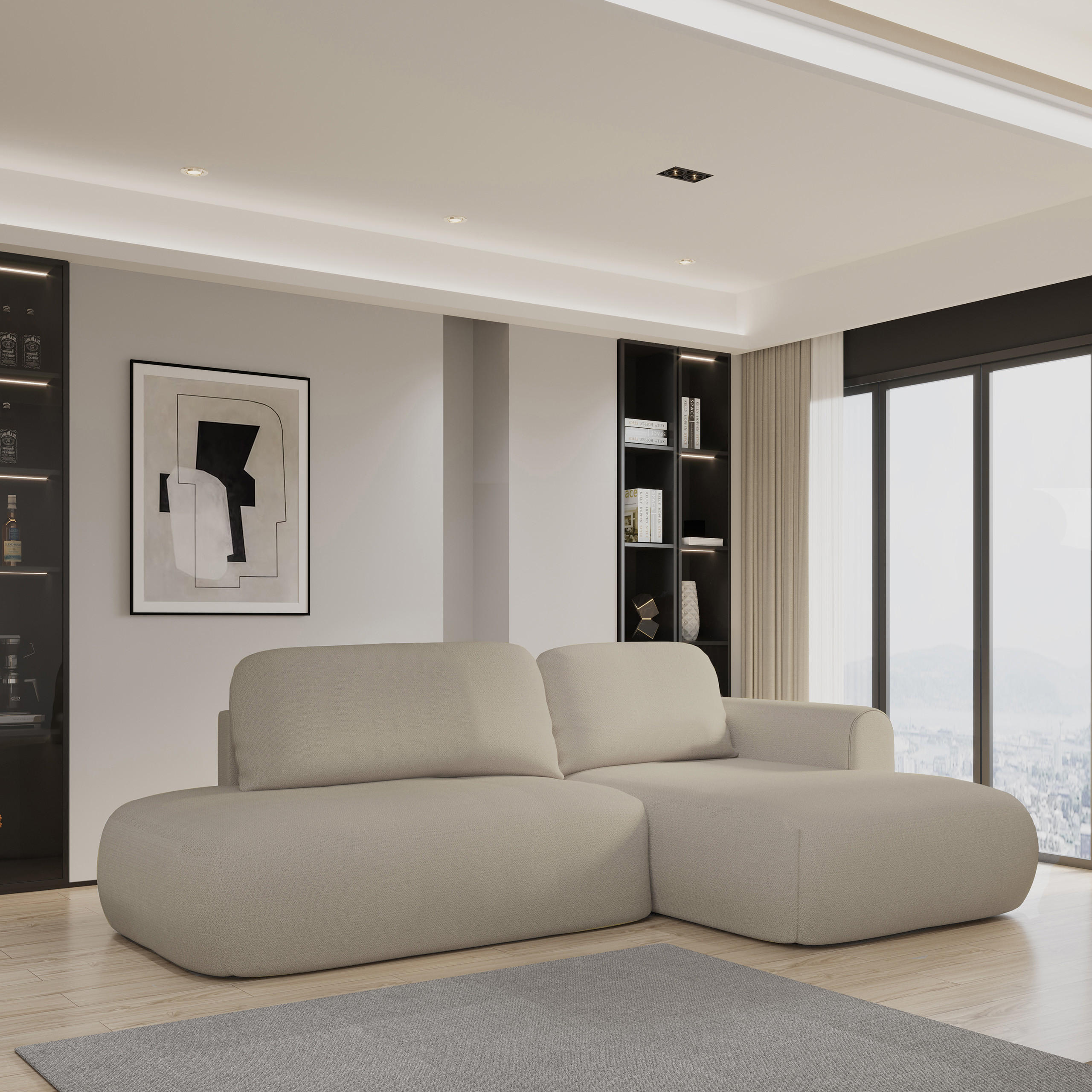 ECKSOFA NUVIRA R-S Beige Geflochtener Stoff mit Schlaffunktion - Beige, Holz (274/165cm) - MASSENO