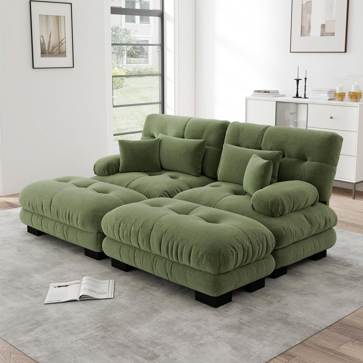 SOFA 2-Sitzer aus Chenille mit 2 Ottomans & modularem Design, grün - Grün, Textil (145/81/220cm) - Luhomfu