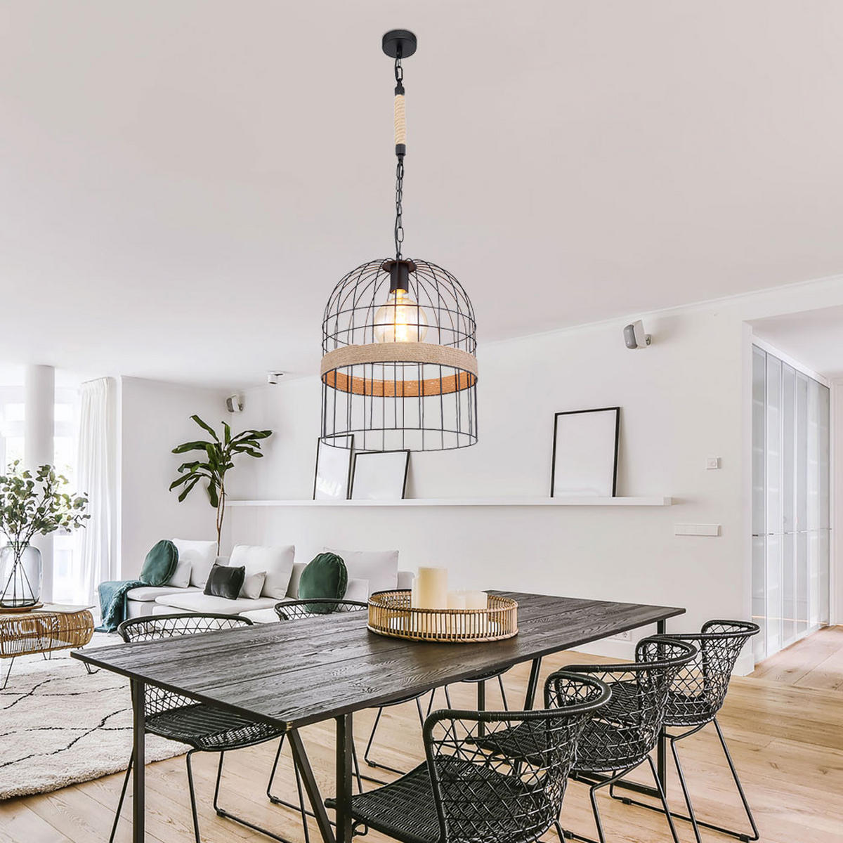 LED HÄNGELAMPE HALIA Schwarz Hanfseil - Schwarz, Metall (35/35/140cm) - Globo Lighting