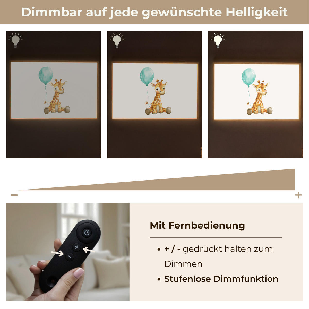WANDLEUCHTE MIT AKKU Giraffe - Baby - Tiere - Blauer Ballon 100x70 cm - Weiß, Holzwerkstoff (100/70/8cm) - OnlyWow