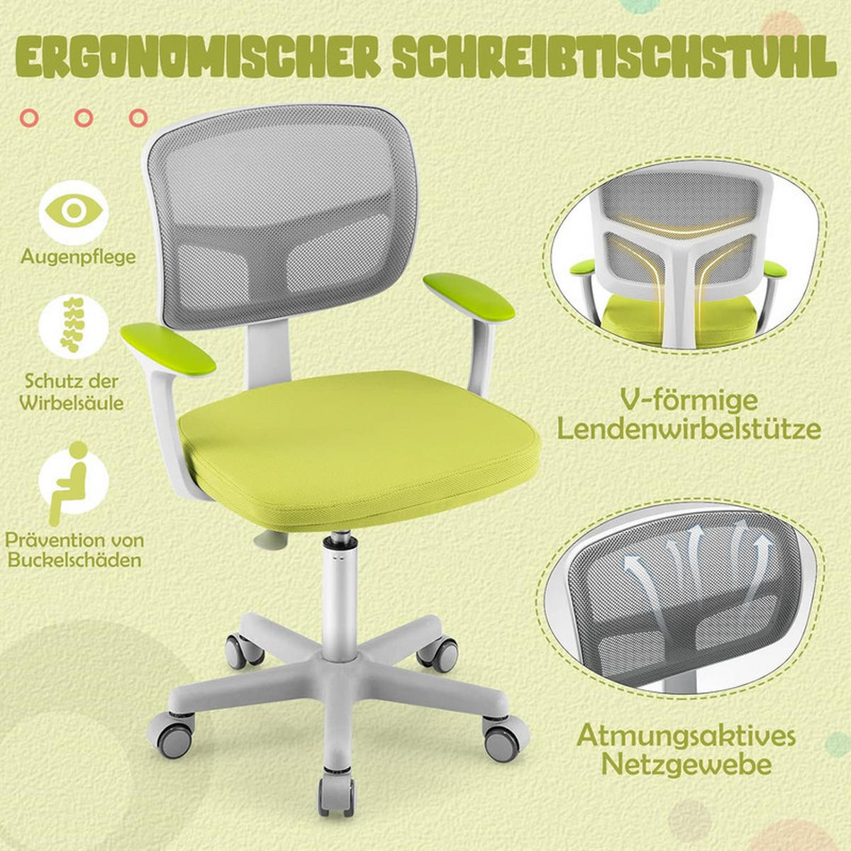KINDER‑BÜROSTUHL 360°drehbar grün - Grün, Kunststoff (54/80/54cm) - COSTWAY