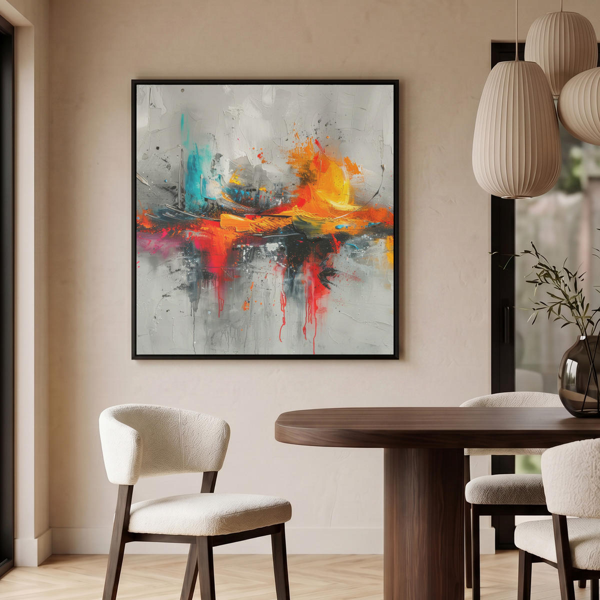 LEINWAND Bilder mit Rahmen - Moderne Kunst - Orange - Grau - Abstrakt - 90x90 - Hellgrau, Textil (90/90cm) - MuchoWow